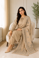 Beige Embroidered Pakistani 3-Piece Suit with Floral Dupatta