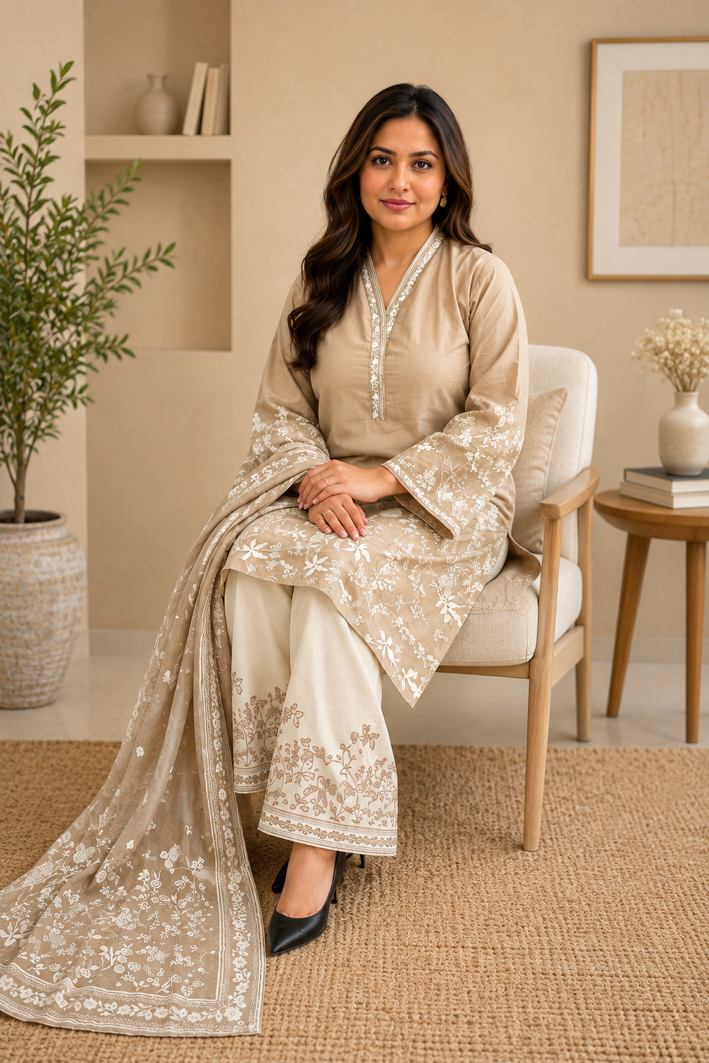 Elegant Beige Embroidered 3-Piece Pakistani Lawn Suit with Chiffon Dupatta