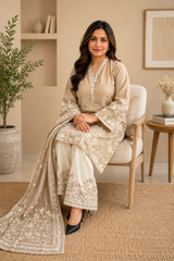 Elegant Beige Embroidered 3-Piece Pakistani Lawn Suit with Chiffon Dupatta