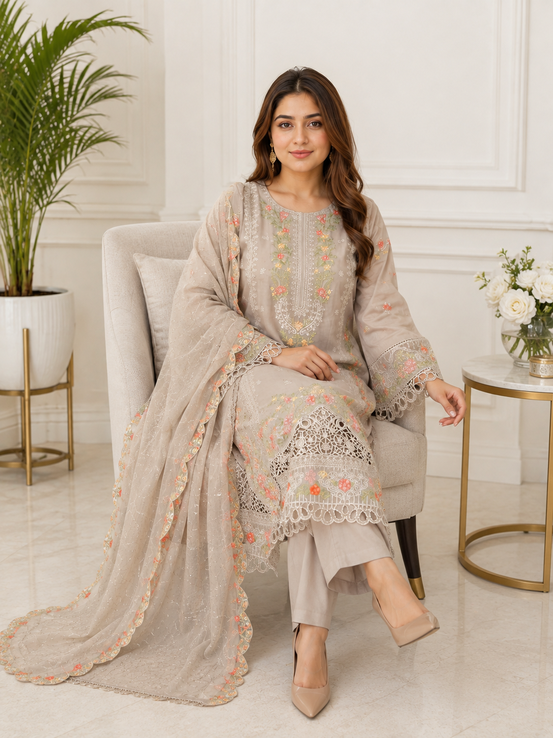 Elegant Grey Embroidered Lawn Suit with Chiffon Dupatta – 3 Piece Ready to Wear