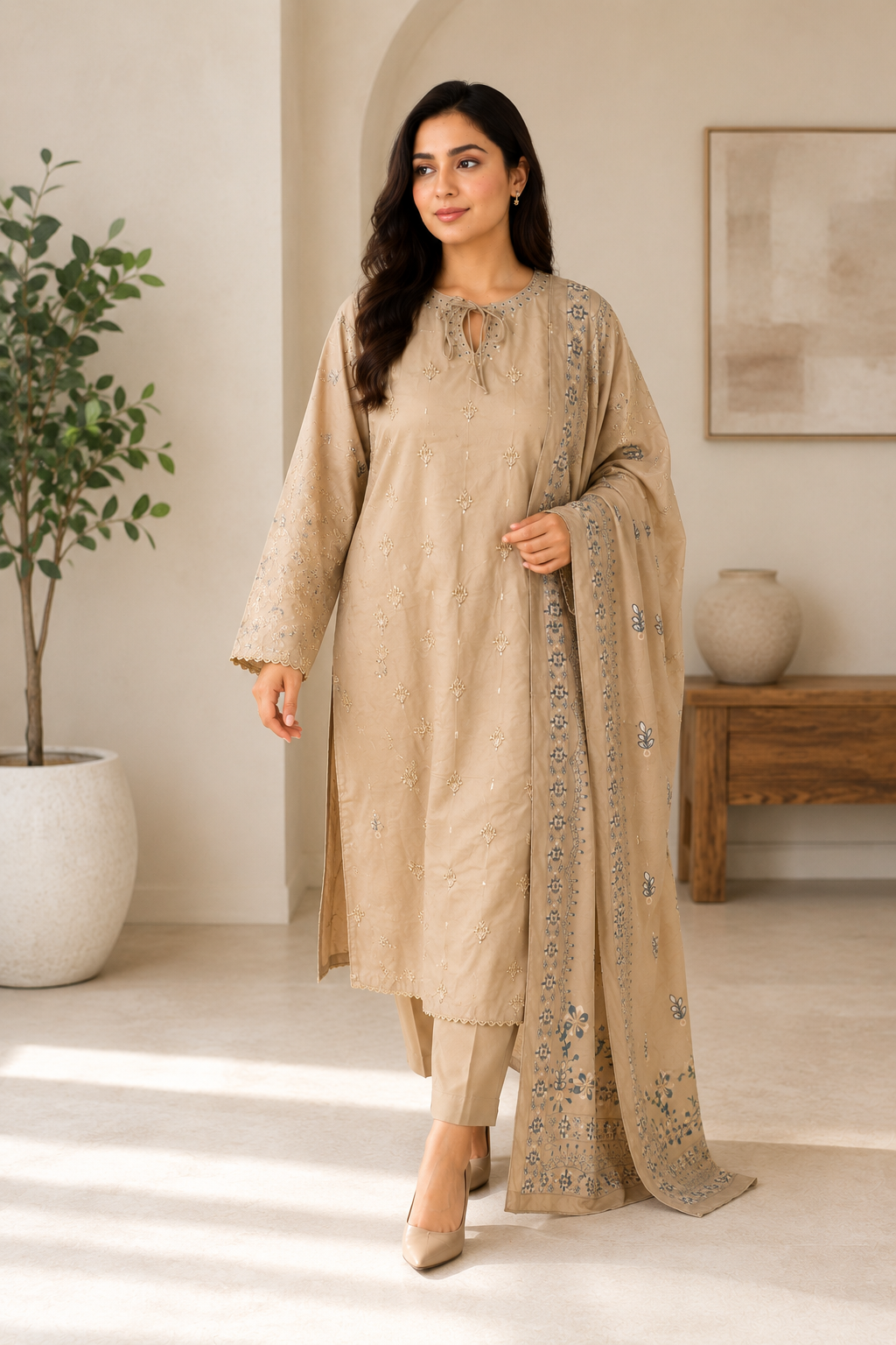 Beige Embroidered Pakistani 3-Piece Suit with Floral Dupatta