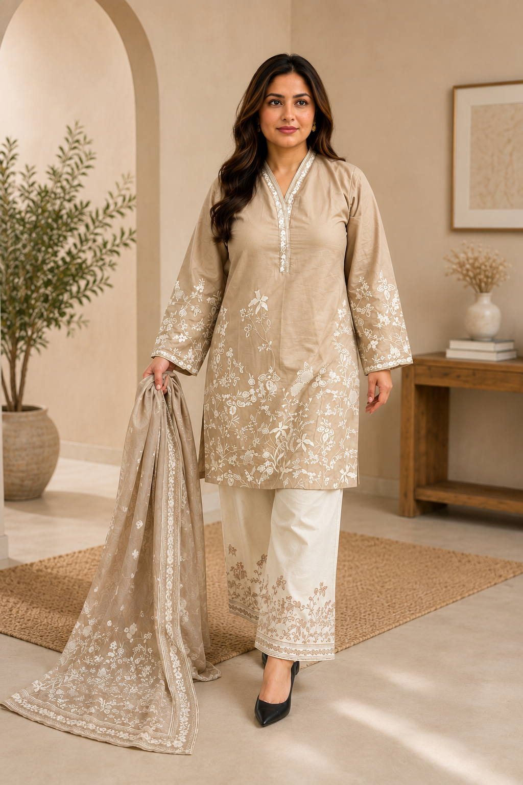 Elegant Beige Embroidered 3-Piece Pakistani Lawn Suit with Chiffon Dupatta