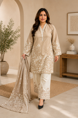 Elegant Beige Embroidered 3-Piece Pakistani Lawn Suit with Chiffon Dupatta