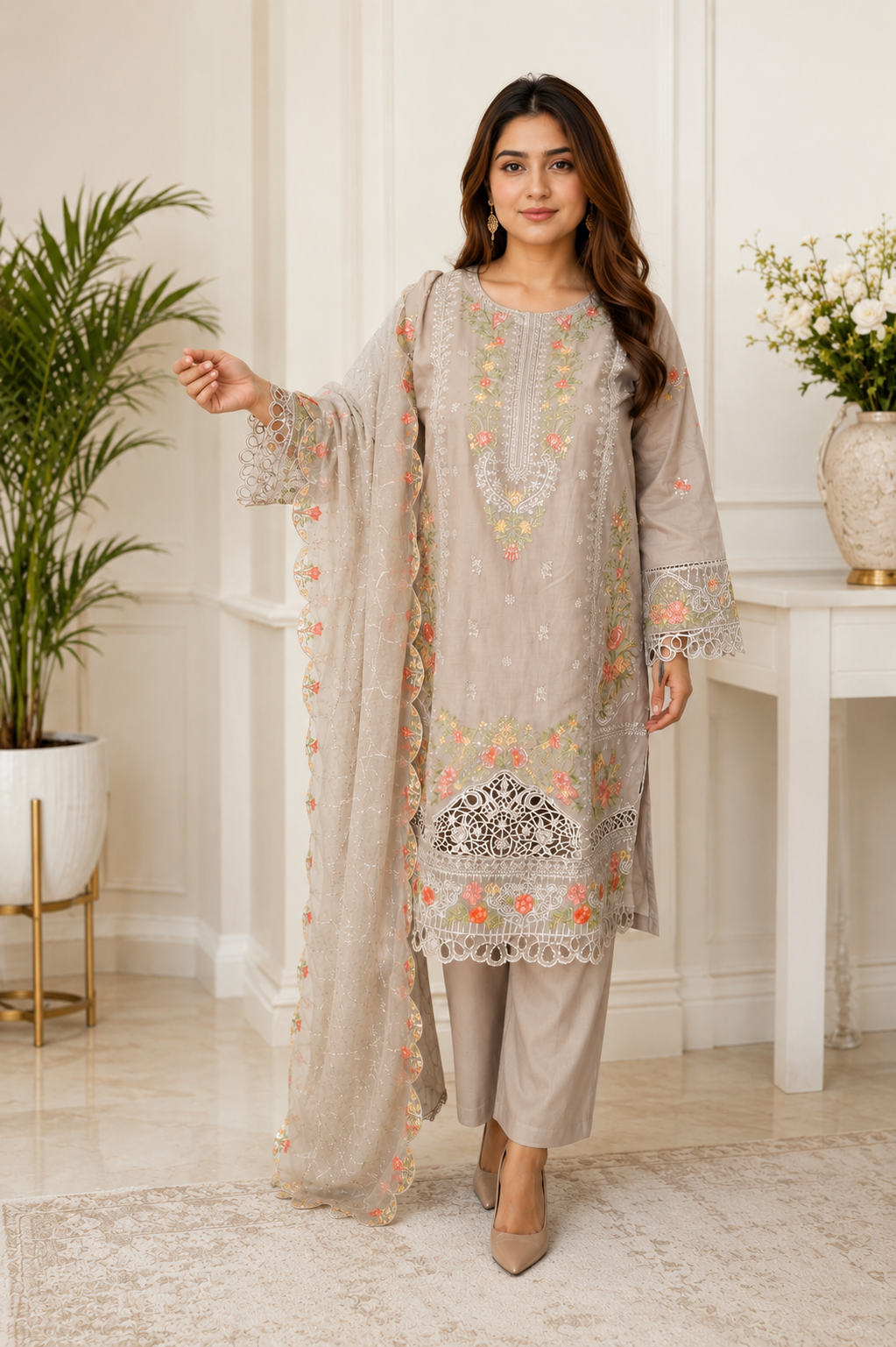 Elegant Grey Embroidered Lawn Suit with Chiffon Dupatta – 3 Piece Ready to Wear