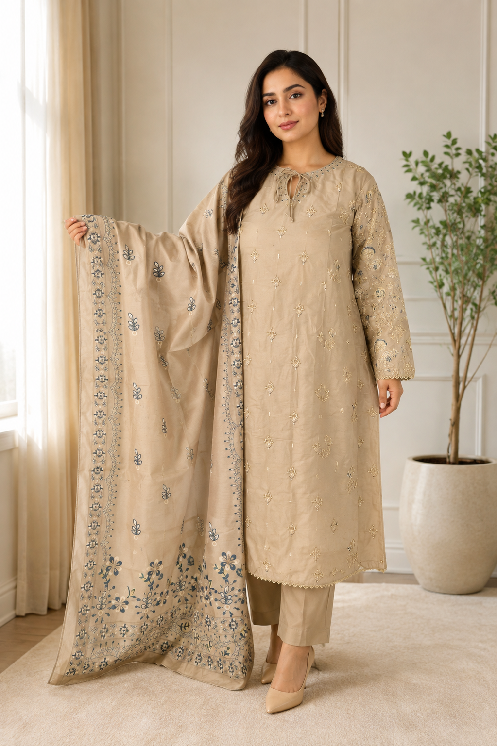Beige Embroidered Pakistani 3-Piece Suit with Floral Dupatta