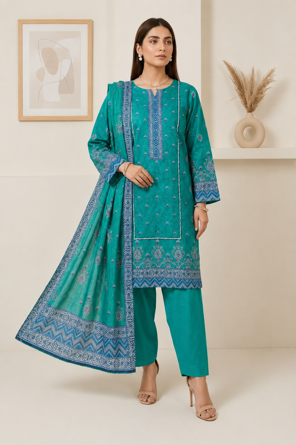 Elegant Teal Blue 3-Piece Lawn Suit with Printed Dupatta