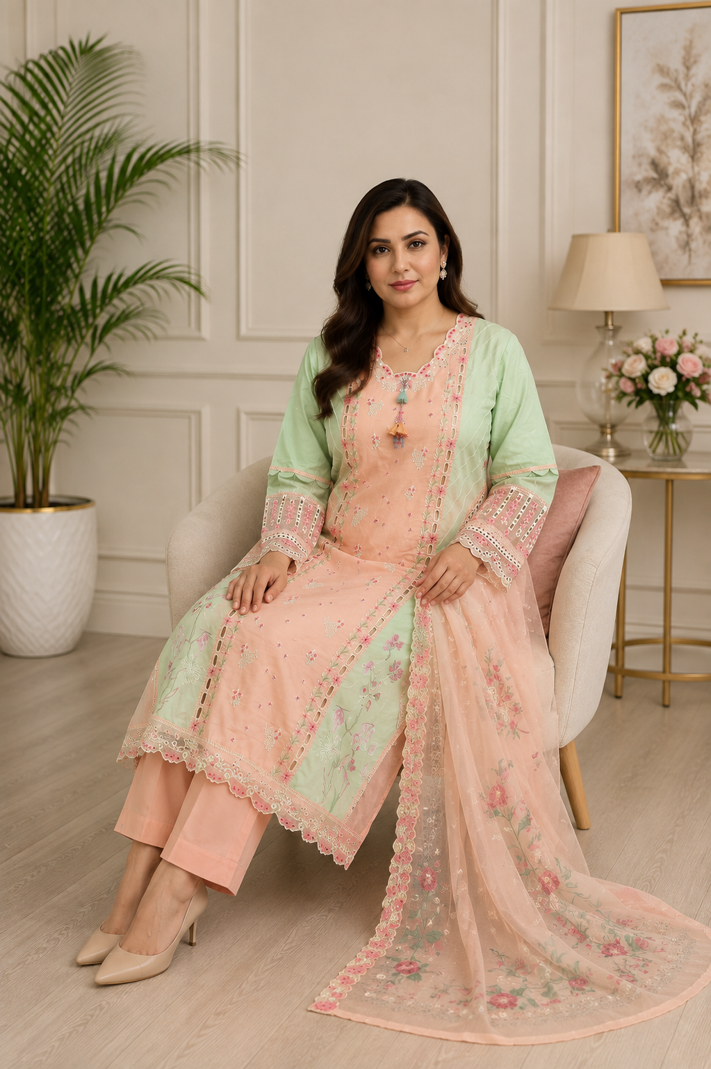 Pastel Peach & Mint Embroidered 3-Piece Suit with Floral Dupatta