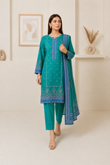 Elegant Teal Blue 3-Piece Lawn Suit with Printed Dupatta