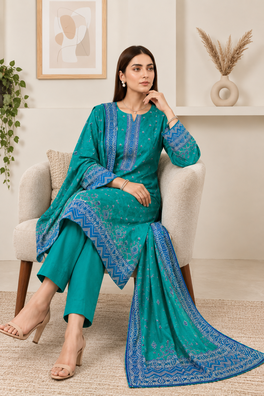 Elegant Teal Blue 3-Piece Lawn Suit with Printed Dupatta