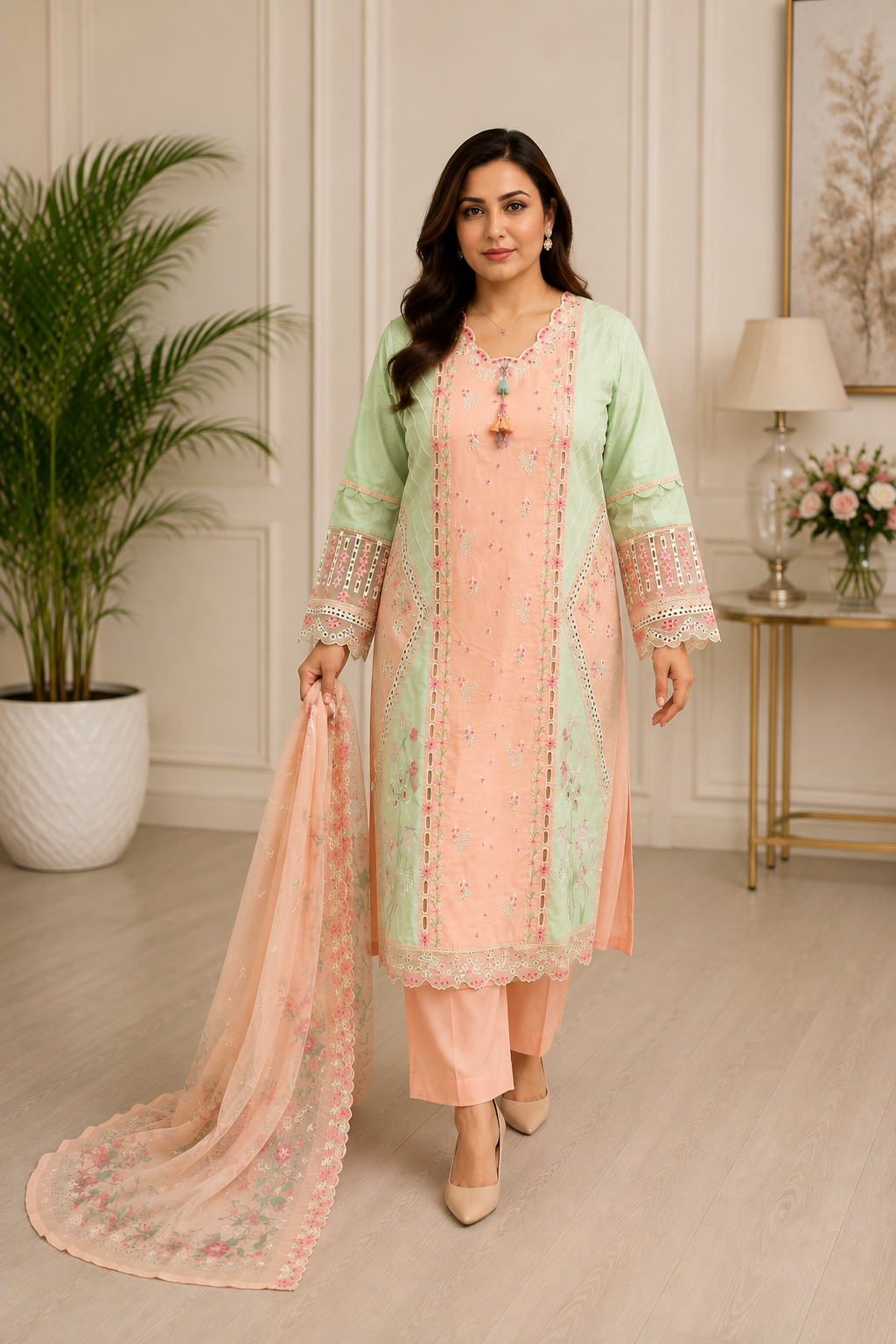 Pastel Peach & Mint Embroidered 3-Piece Suit with Floral Dupatta