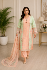 Pastel Peach & Mint Embroidered 3-Piece Suit with Floral Dupatta