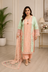 Pastel Peach & Mint Embroidered 3-Piece Suit with Floral Dupatta