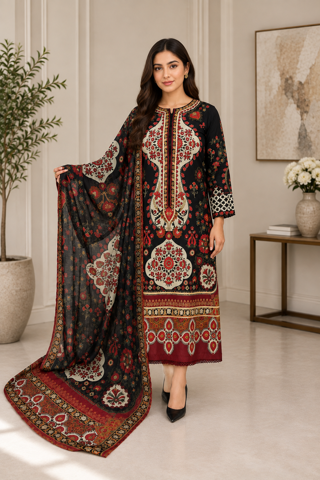 Elegant Black Firaq Style 3-Piece Lawn Suit with Printed Dupatta