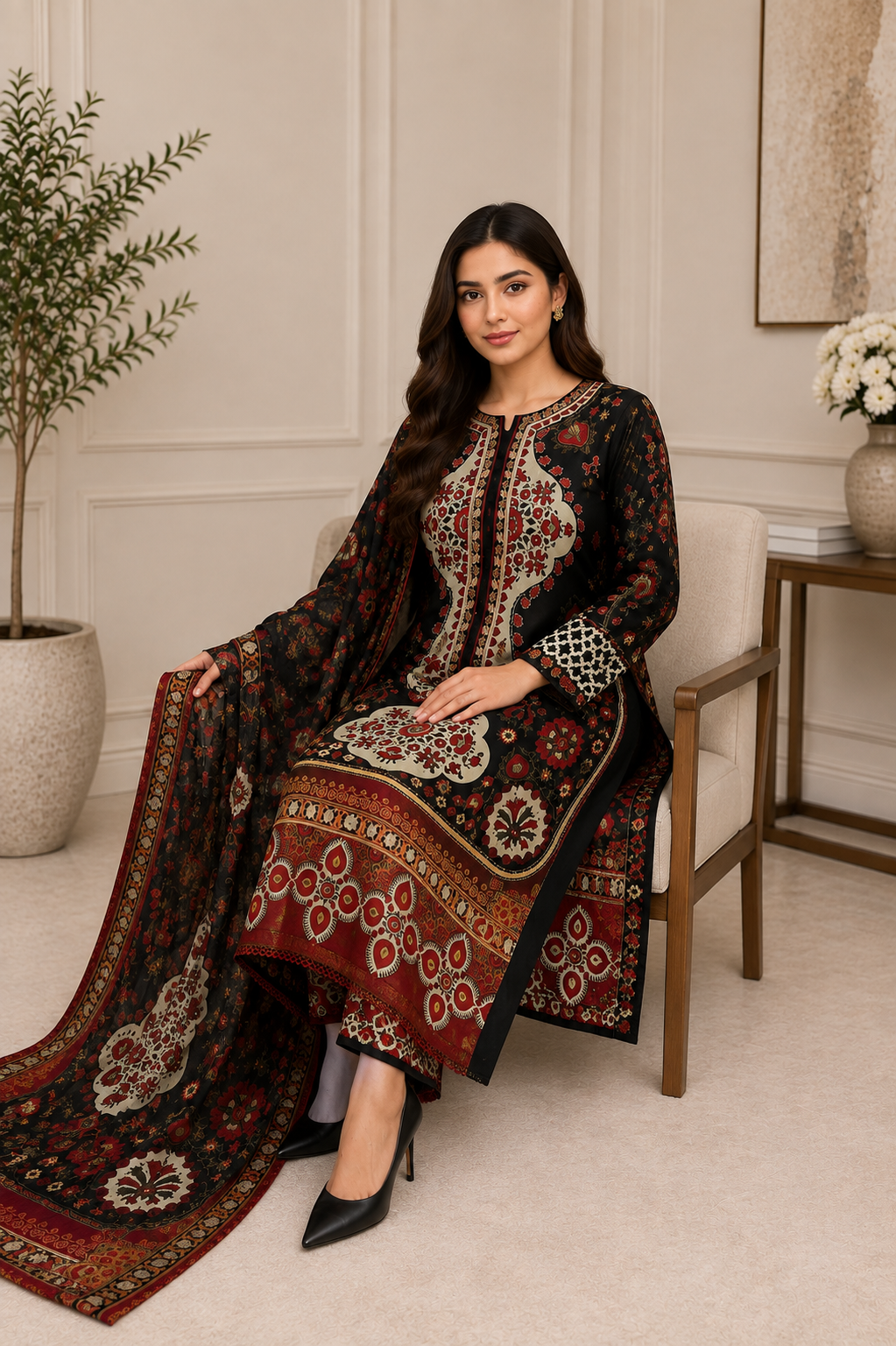 Elegant Black Firaq Style 3-Piece Lawn Suit with Printed Dupatta