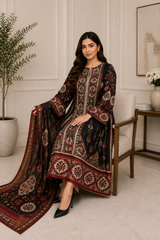 Elegant Black Firaq Style 3-Piece Lawn Suit with Printed Dupatta
