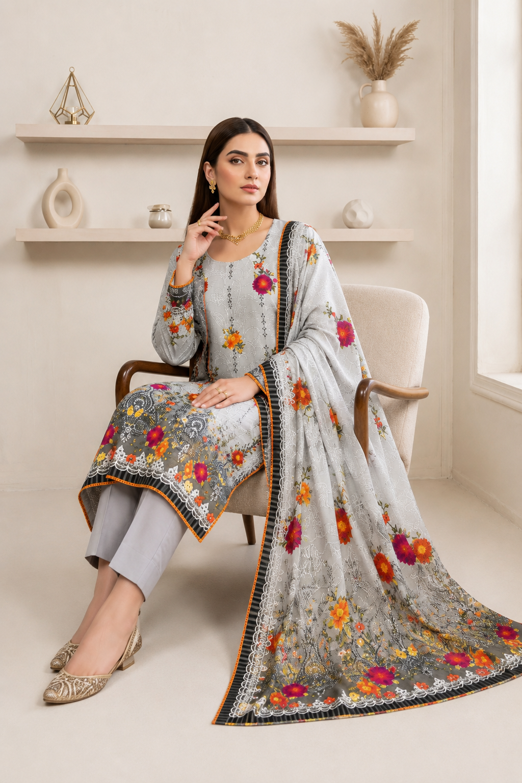 Elegant Grey Floral Printed 3-Piece Lawn Suit with Dupatta