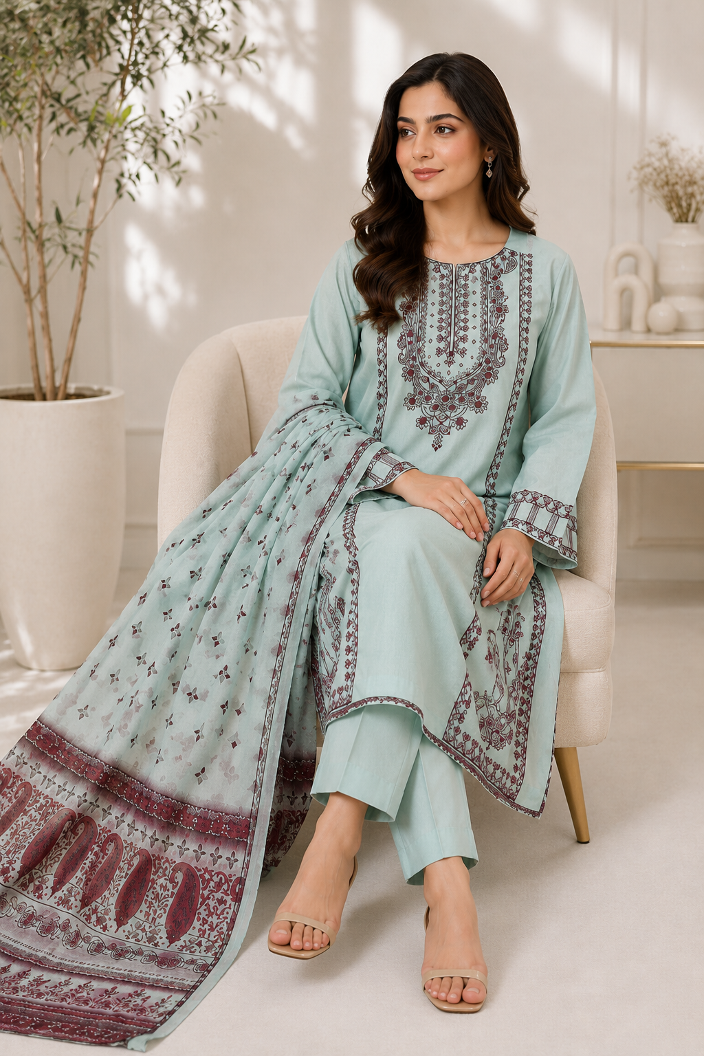 Elegant Mint Green 3-Piece Lawn Suit with Maroon Embroidery & Dupatta