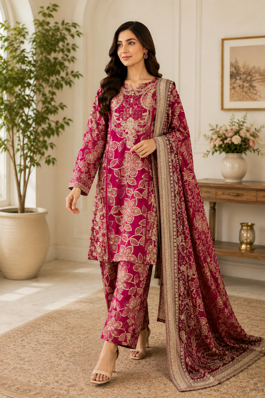 Luxury Magenta Pakistani 3 Piece Suit with Dupatta