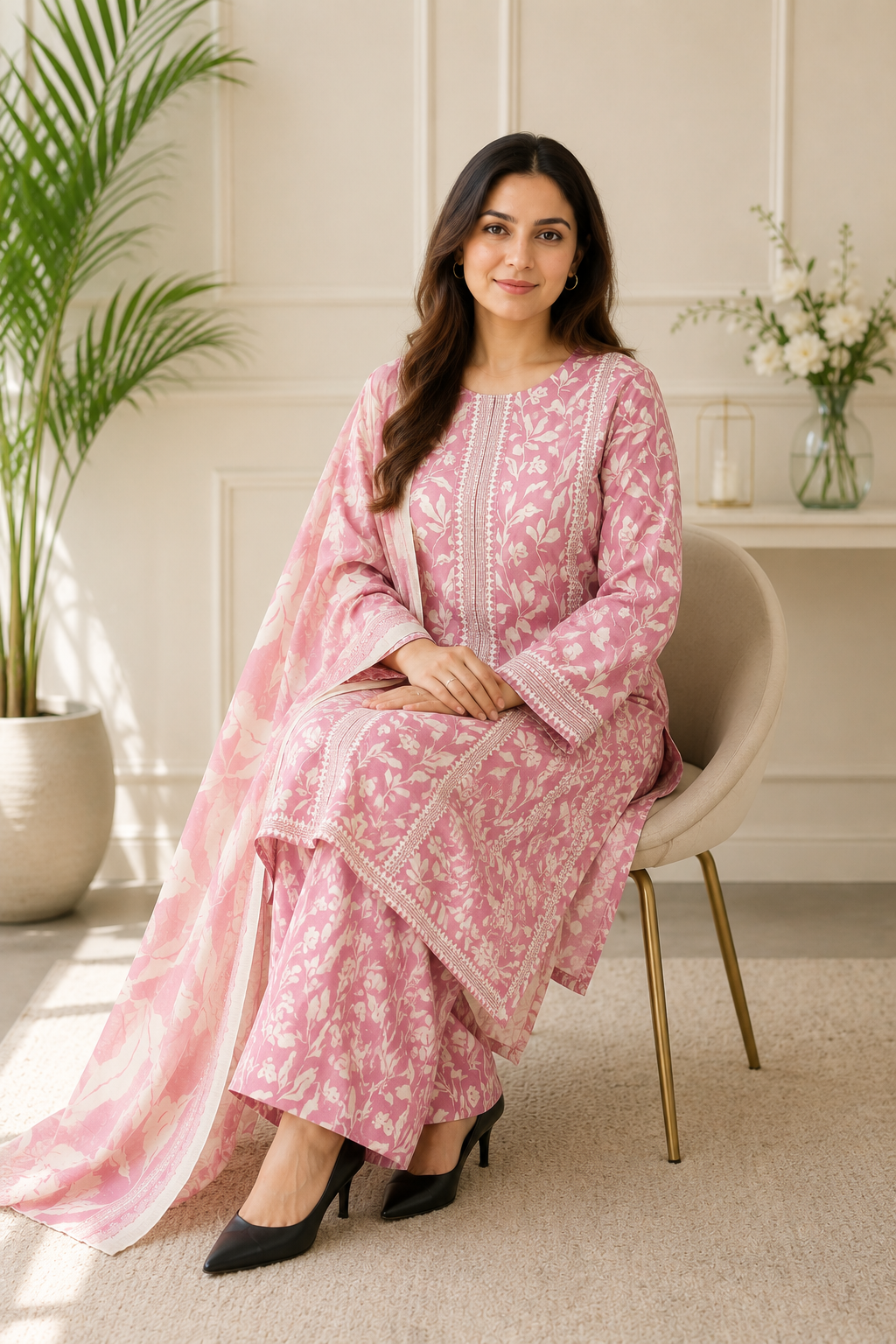 Blush Pink Floral Printed 3-Piece Suit with Dupatta