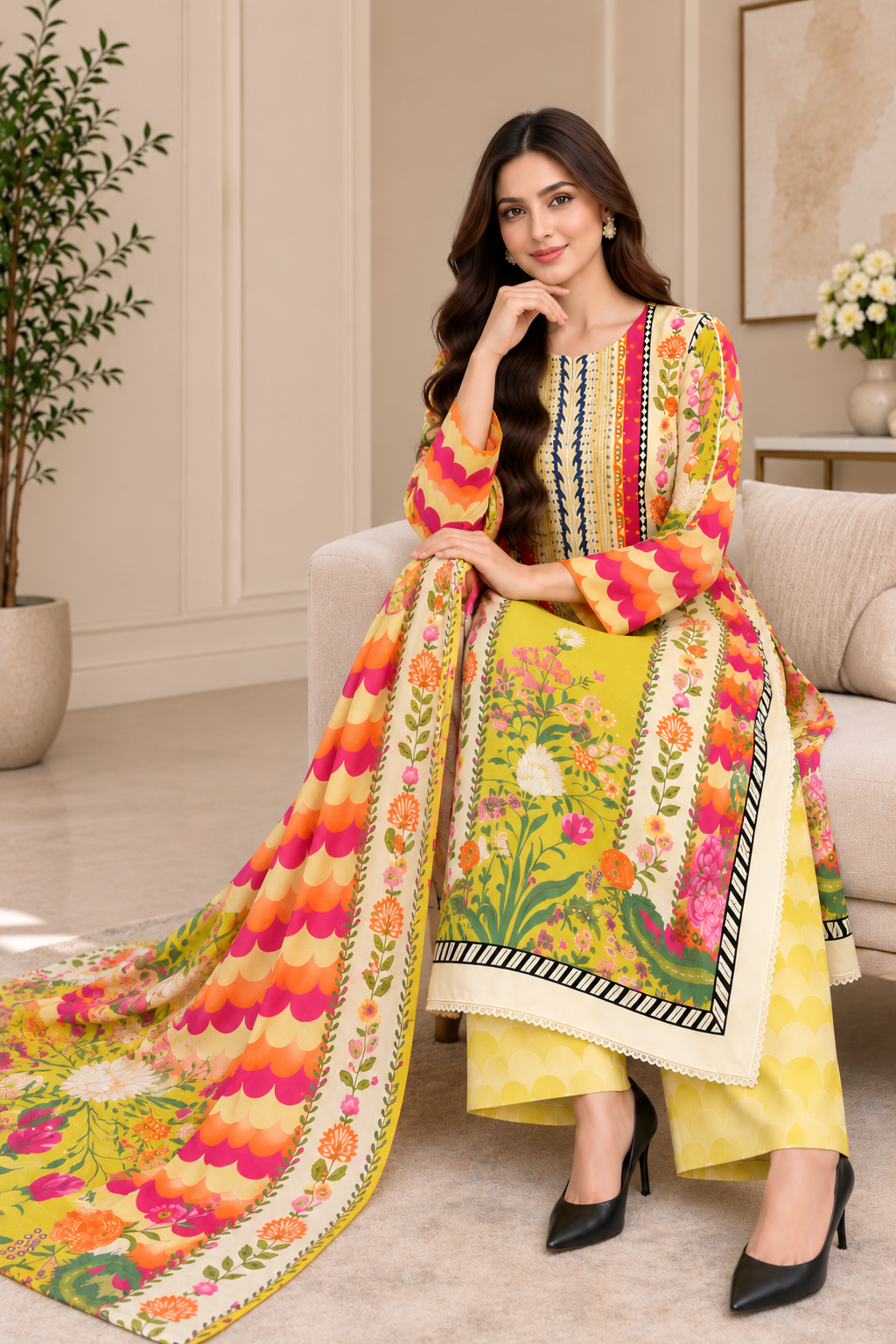 Premium Floral Printed 3-Piece Kaftan Dress with Matching Dupatta