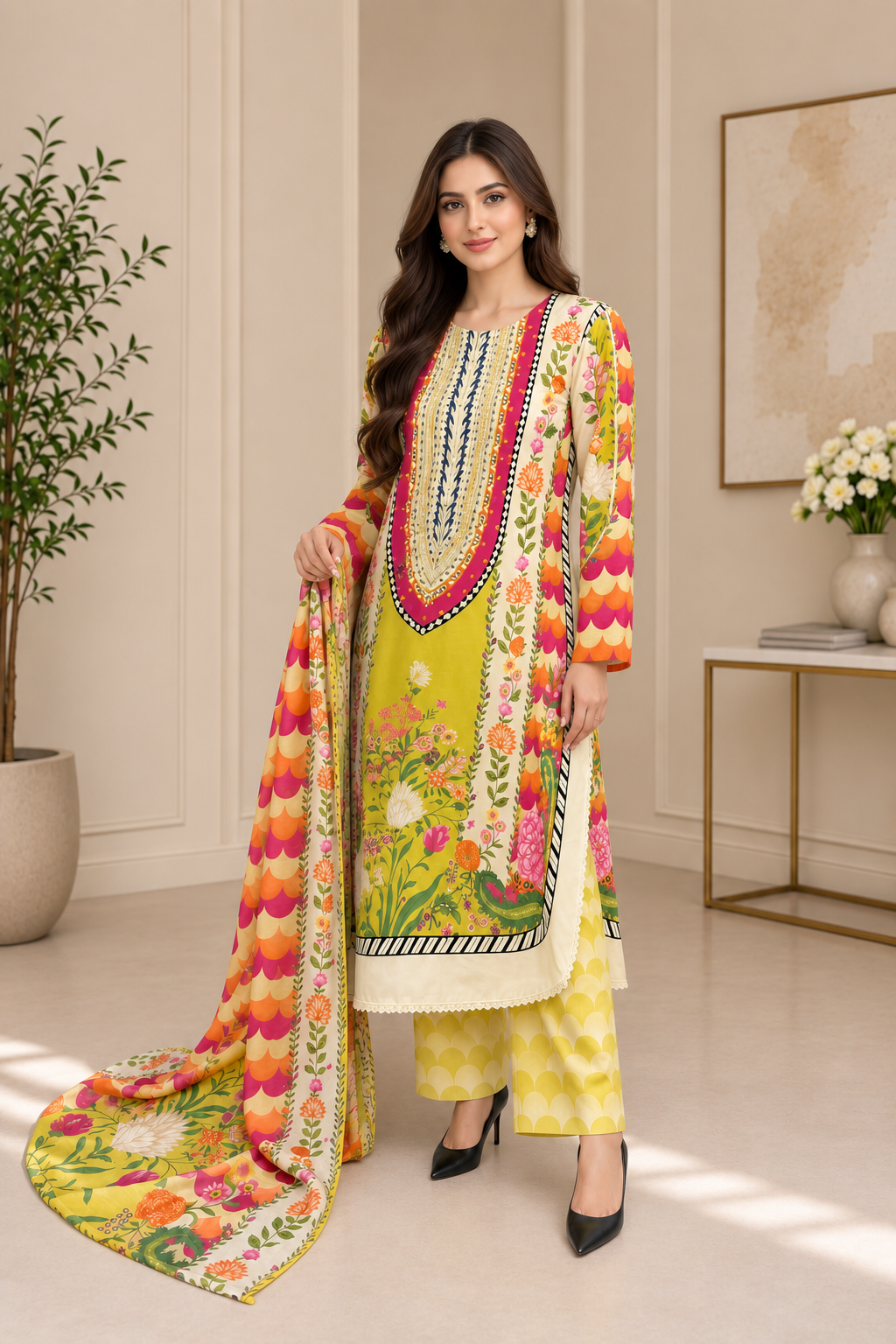 Premium Floral Printed Lawn 3-Piece Suit with Matching Dupatta