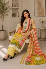 Premium Floral Printed Lawn 3-Piece Suit with Matching Dupatta
