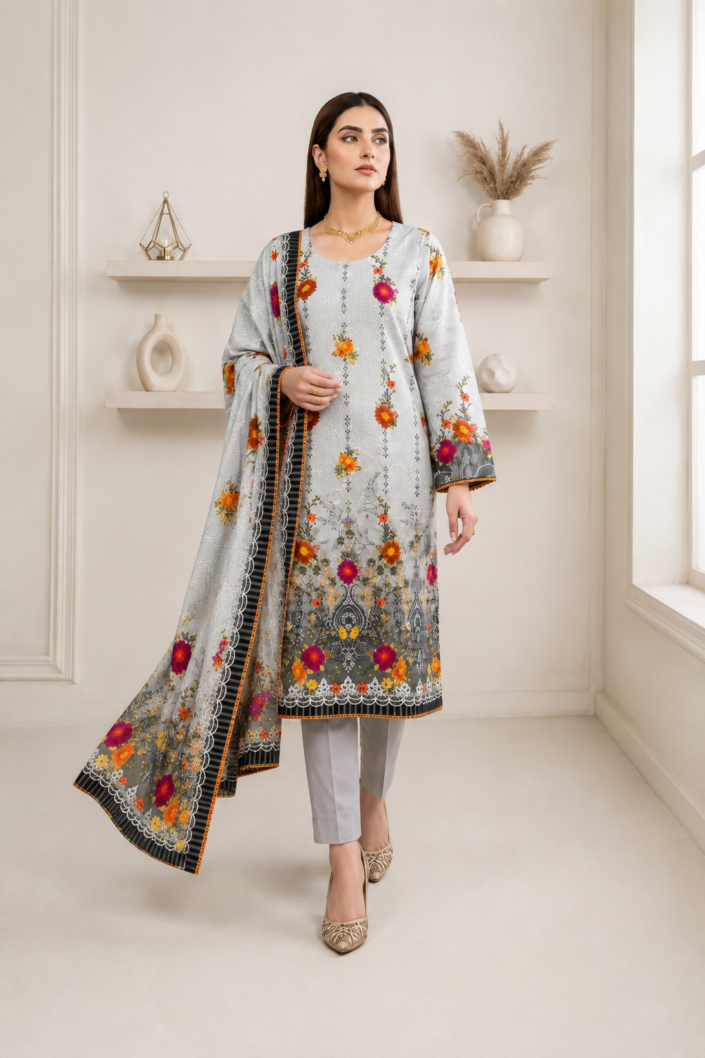 Elegant Grey Floral Printed 3-Piece Lawn Suit with Dupatta