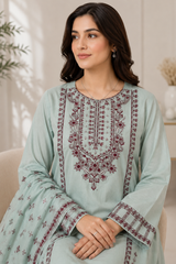 Elegant Mint Green 3-Piece Lawn Suit with Maroon Embroidery & Dupatta