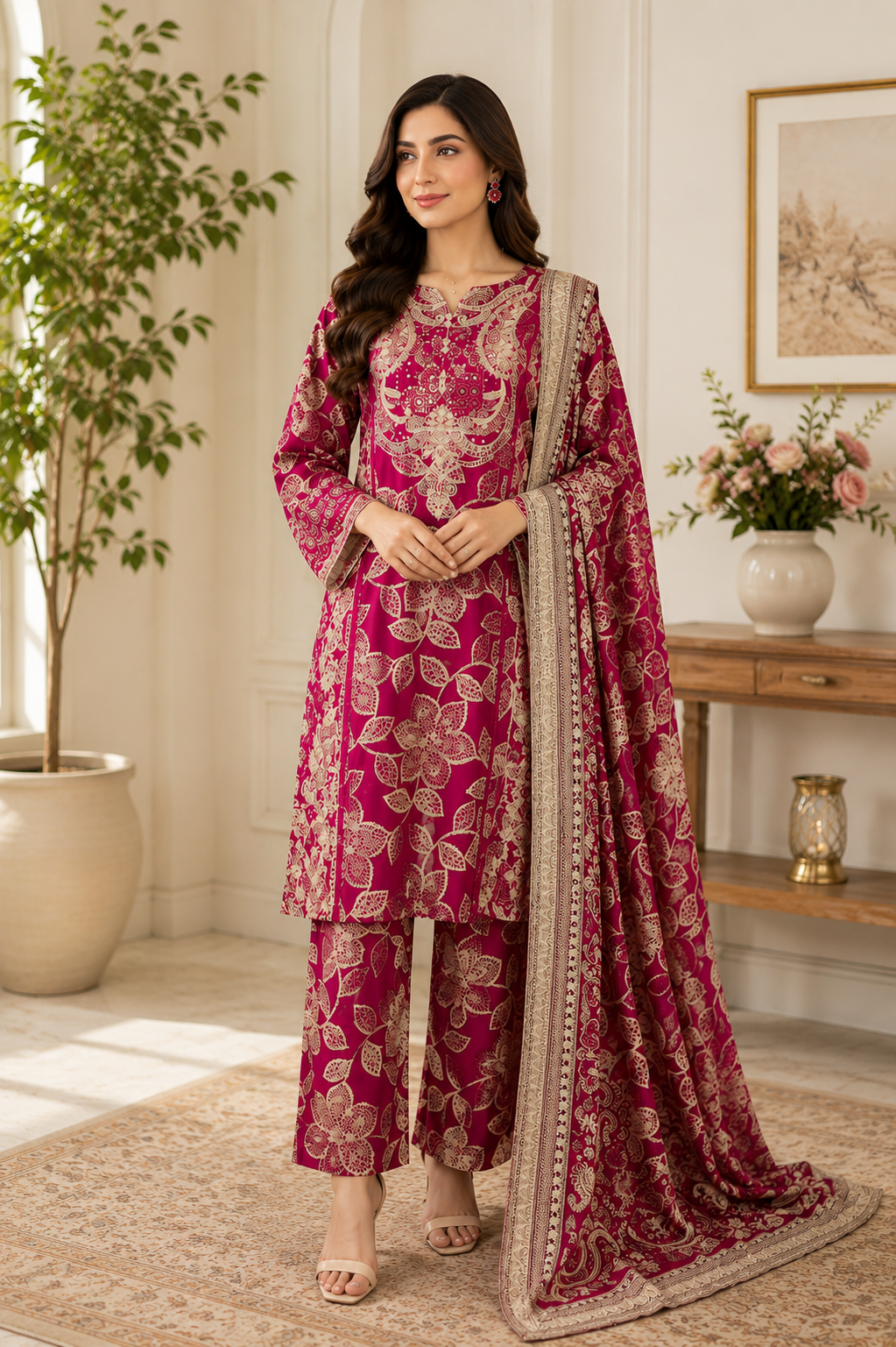 Luxury Magenta Pakistani 3 Piece Suit with Dupatta