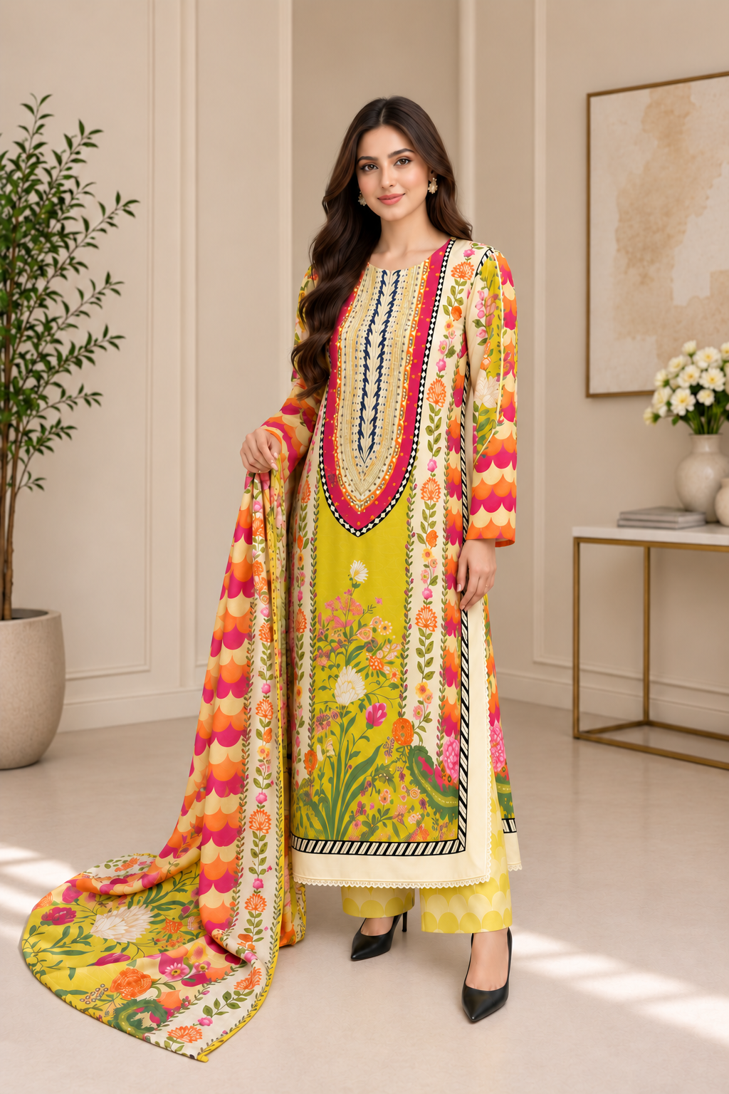 Premium Floral Printed 3-Piece Kaftan Dress with Matching Dupatta