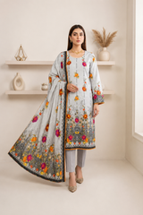 Elegant Grey Floral Printed 3-Piece Lawn Suit with Dupatta