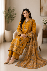 Mustard Gold Embroidered Pakistani 3-Piece Suit with Floral Dupatta
