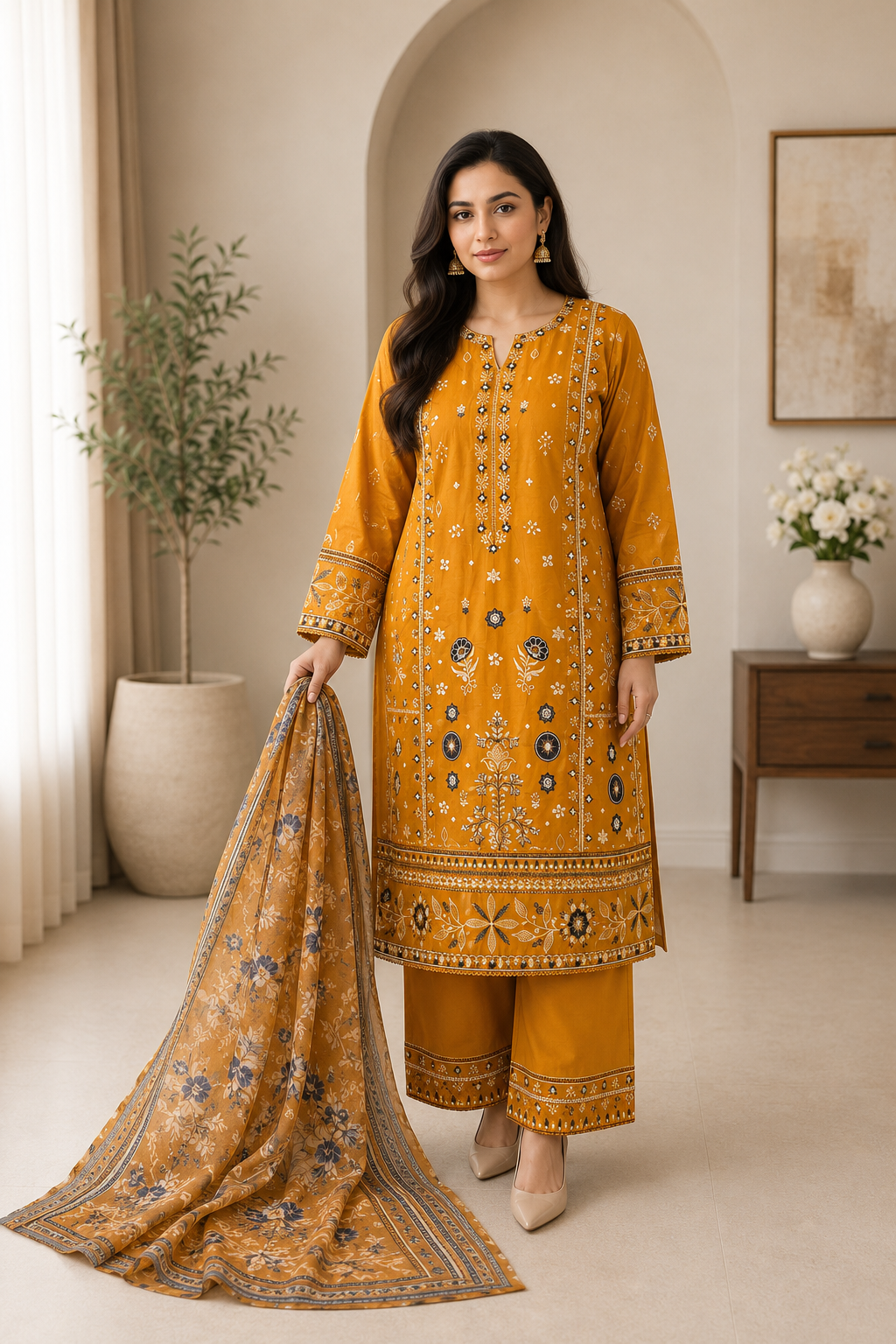 Mustard Gold Embroidered Pakistani 3-Piece Suit with Floral Dupatta