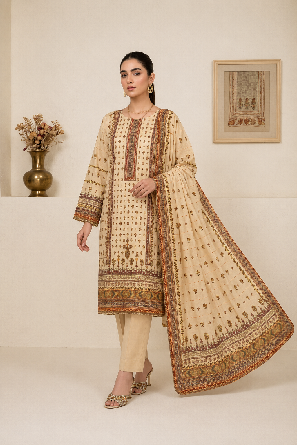Elegant Beige Printed 3-Piece Lawn Suit with Dupatta