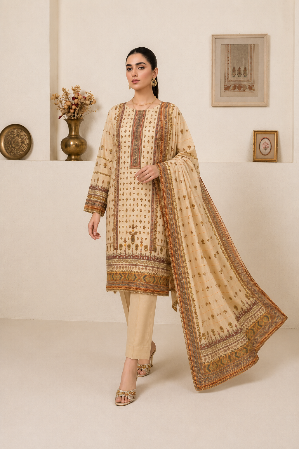 Elegant Beige Printed 3-Piece Lawn Suit with Dupatta