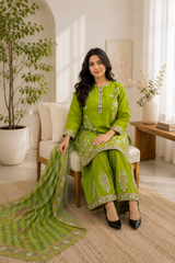 Lime Green Embroidered Lawn Suit with Printed Dupatta | 3-Piece Ready-to-Wear
