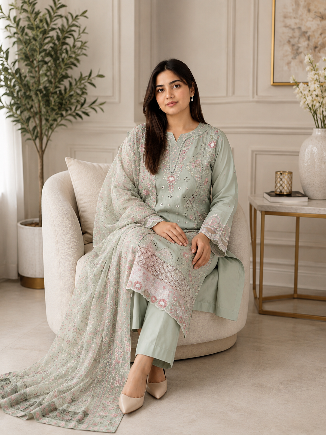 Elegant Mint Green Embroidered Salwar Kameez with Chiffon Dupatta | Luxury 3 Piece Suit
