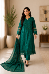 Emerald Green Embroidered Pakistani 3-Piece Suit with Matching Dupatta