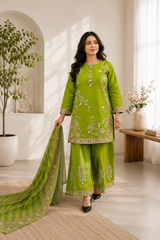 Lime Green Embroidered Lawn Suit with Printed Dupatta | 3-Piece Ready-to-Wear