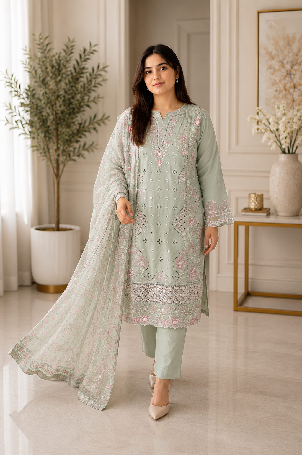 Elegant Mint Green Embroidered Salwar Kameez with Chiffon Dupatta | Luxury 3 Piece Suit
