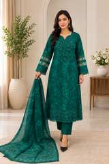 Emerald Green Embroidered Pakistani 3-Piece Suit with Matching Dupatta