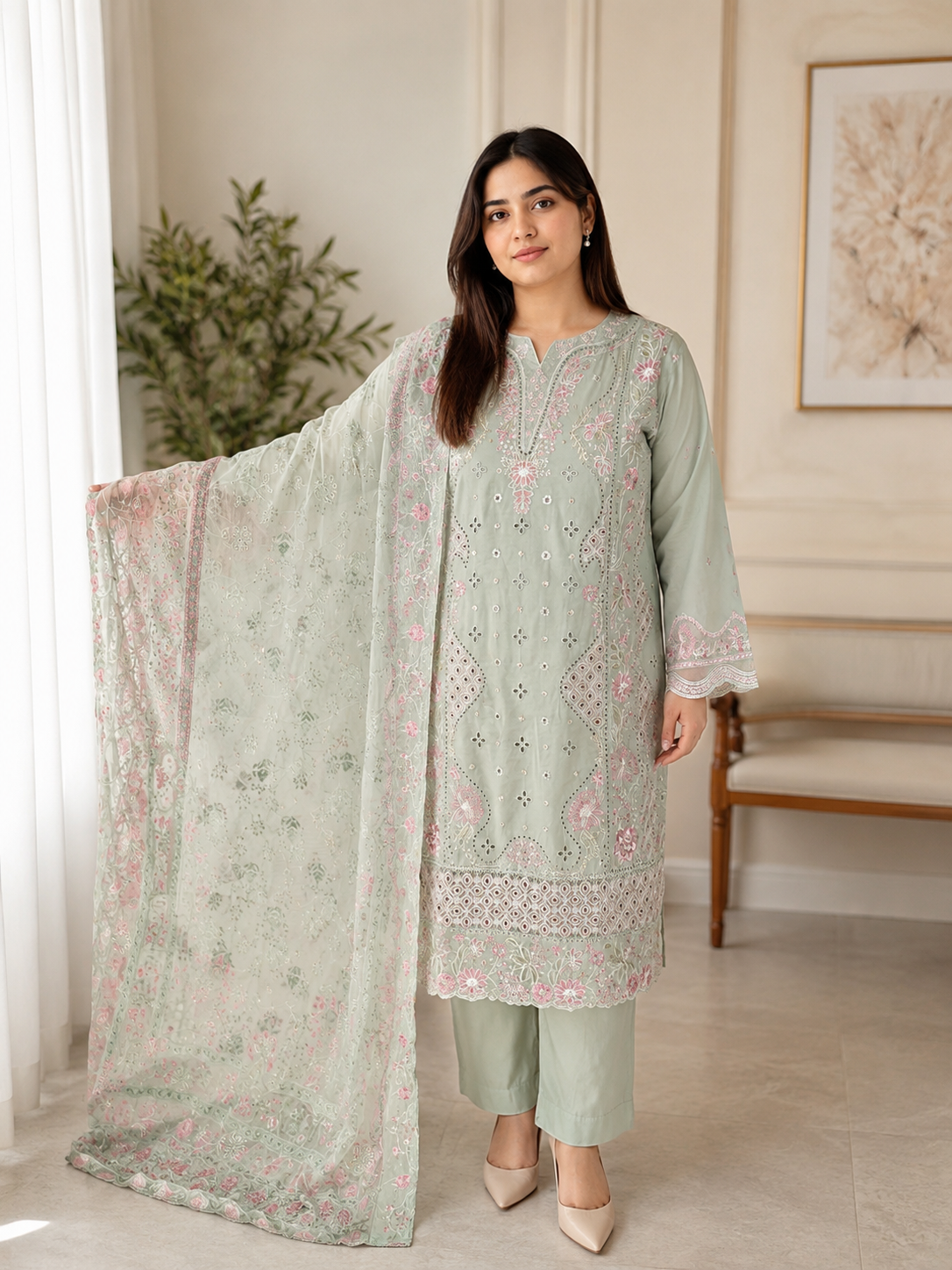 Elegant Mint Green Embroidered Salwar Kameez with Chiffon Dupatta | Luxury 3 Piece Suit