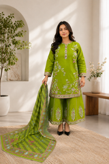 Lime Green Embroidered Lawn Suit with Printed Dupatta | 3-Piece Ready-to-Wear