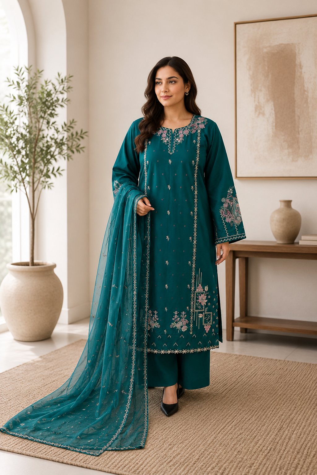 Emerald Teal Embroidered 3-Piece Suit with Organza Dupatta