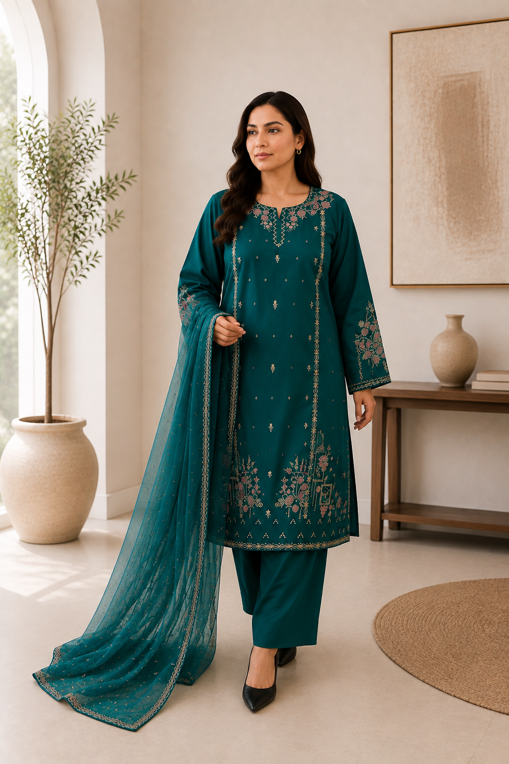 Emerald Teal Embroidered 3-Piece Suit with Organza Dupatta
