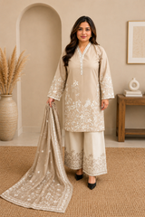 Elegant Beige Embroidered 3-Piece Pakistani Lawn Suit with Chiffon Dupatta