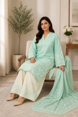 Mint Green Embroidered Lawn Suit with Dupatta & Embroidered Palazzo