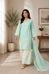 Mint Green Embroidered Lawn Suit with Dupatta & Embroidered Palazzo