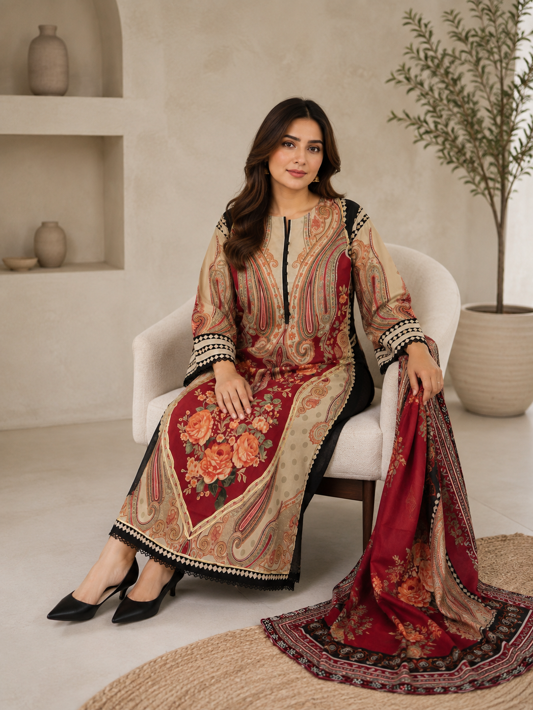 Elegant Maroon & Beige Floral Printed 3-Piece Pakistani Lawn Suit with Chiffon Dupatta