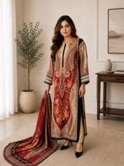 Elegant Maroon & Beige Floral Printed 3-Piece Pakistani Lawn Suit with Chiffon Dupatta